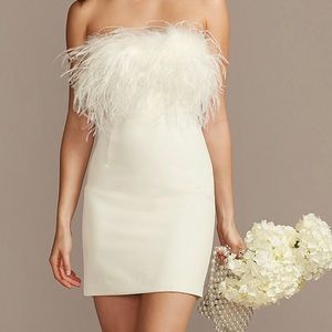 David’s Bridal Strapless Crepe Feather Trim Mini Dress